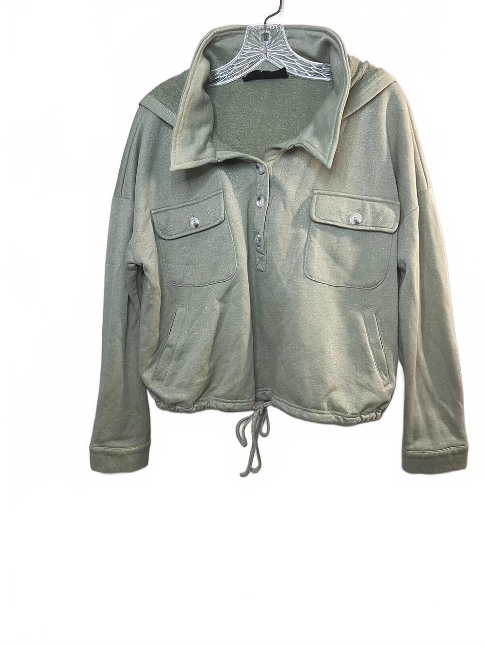 White Birch Black Label Sage Green Utility Cropped Henley Hoodie Size Small - Picture 2 of 6